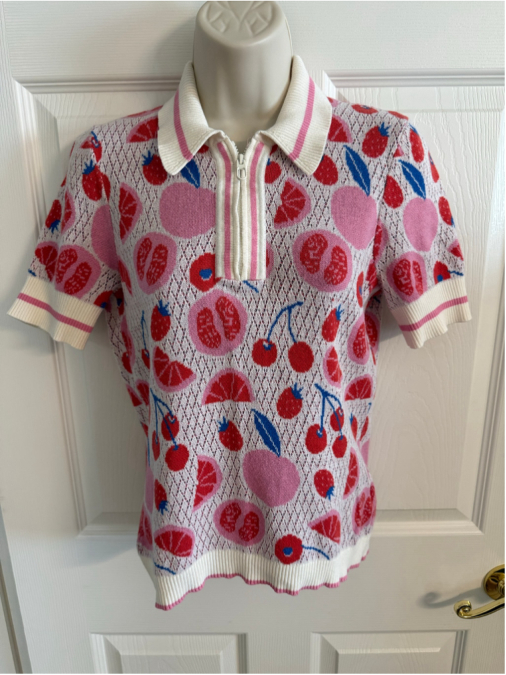 Cynthia Rowley, 100% Cotton, Fruit Jacquard Knit Polo Zip Top S